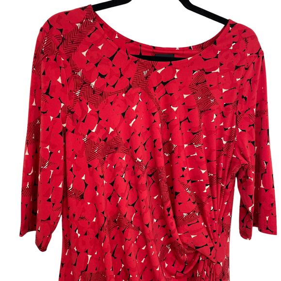 NIC + ZOE Red Multicolor Stony Path Draped Printed Elbow Sleeve Dress Womens XL - Picture 3 of 7